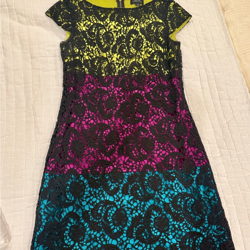 Tahari 6 Black Lace Overlay Midi Dress with Pink, Blue, and Yellow